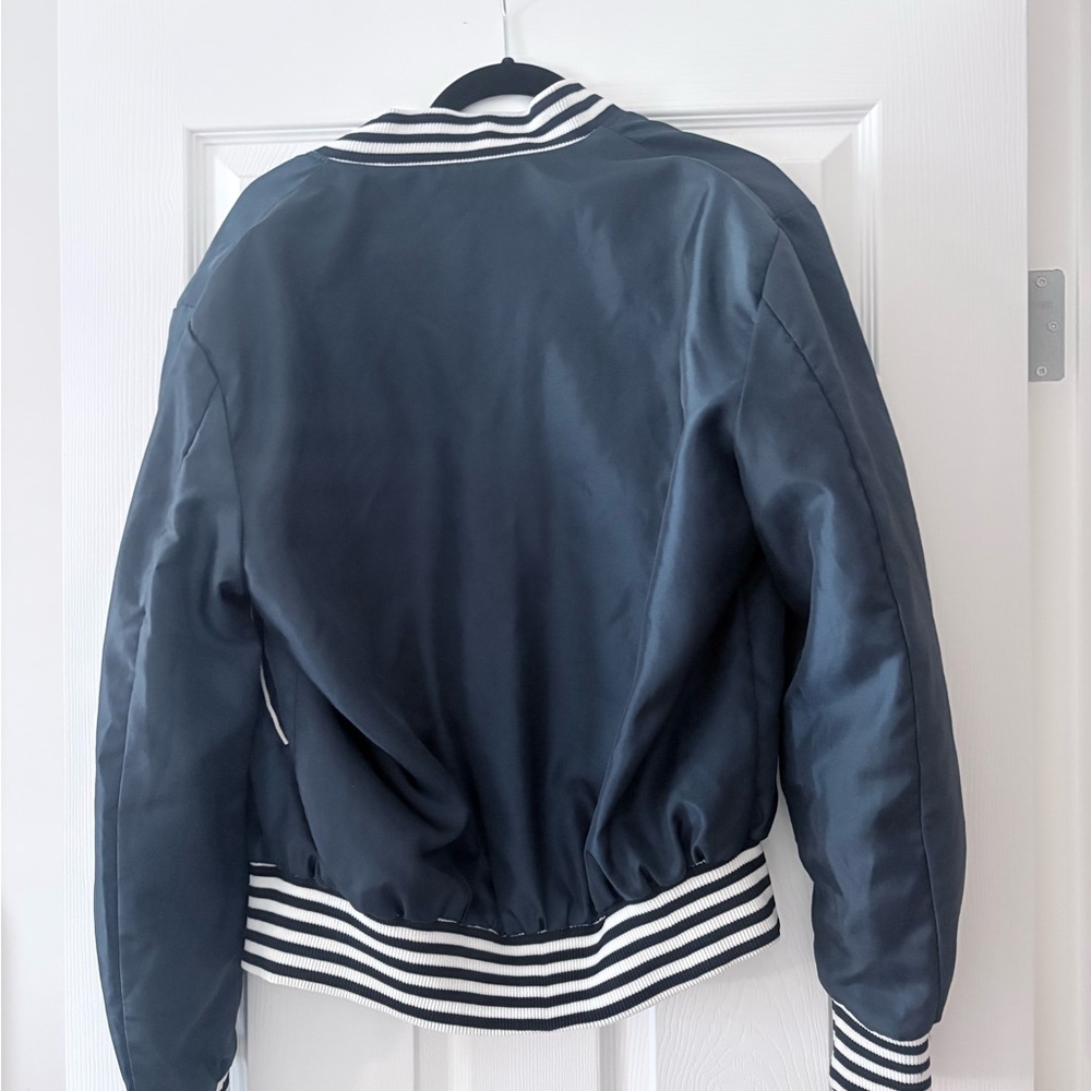 Navy Snap-Front Satin Jacket with Striped Trim - Picture 6 of 6